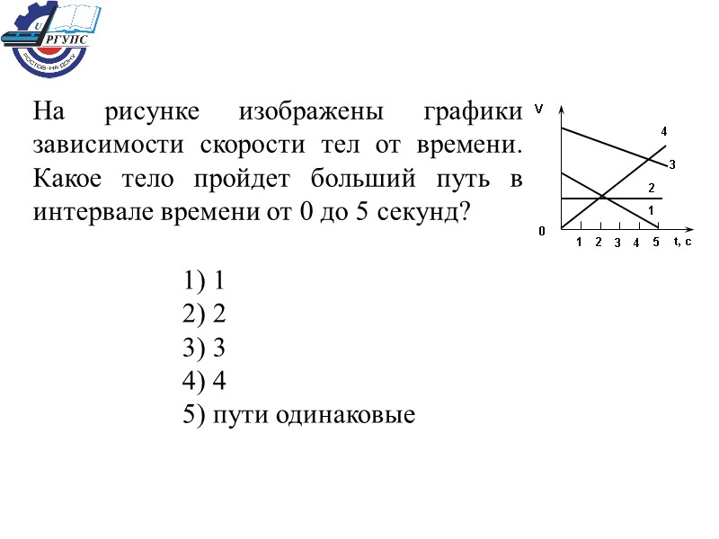 На рисунке изображены графики зависимости скорости тел от времени. Какое тело пройдет больший путь